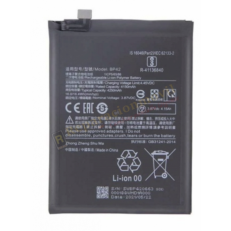 Bateria BP42 Para Xiaomi Mi 11 Lite 4G / 5G / 5G NE De 4250mAh Bateria BP42 Para Xiaomi Mi 11 Lite 4G / 5G / 5G NE De 4250mAh